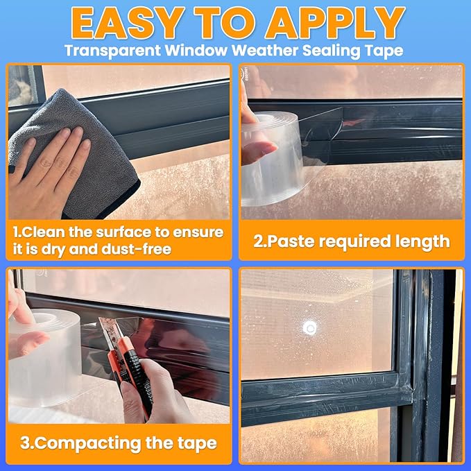 Transparent Window Weather Sealing Tape 3 Inch x 33 FT Clear Window Insulation Sealing Tape No Residue Sealing Film Tape