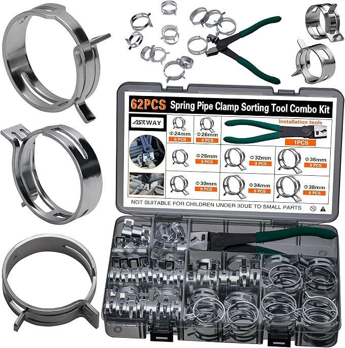 Automotive spring hose clamps 24-38 mm, 62 pcs fuel coolant pipe clamp tools in 8 sizes, used to fix hose interfaces in automotive, marine, gardening, and industrial applications