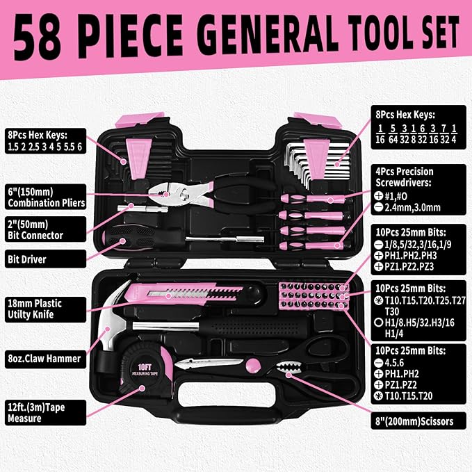 58-Piece Pink Home Tool Set | Basic Household Hand Kit for Women Girls Ladies | All Purpose Small Tool Kit with Storage Toolbox for Home Repair DIY