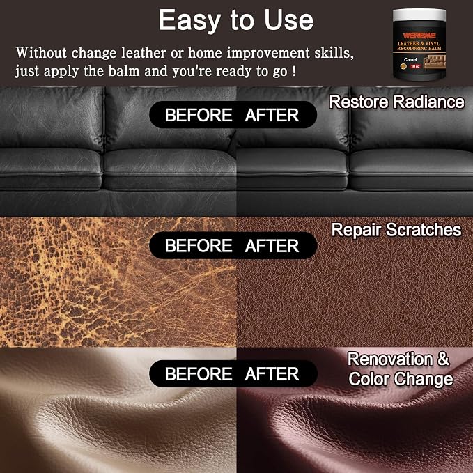 Leather Recoloring Balm & Color Restorer, Camel, 10 OZ | Restore Faded Leather Color, Cover Scratches & Scuffs. Easy DIY Application for Furniture, Sofa, Car Seats, Bags & Shoes