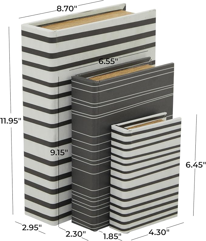 Deco 79 Faux Leather Decorative Box Faux Storage Book Book Shaped Boxes with Black Striped Patterns, Set of 3 Decorative Keepsake Boxes 12", 9", 6"H, White