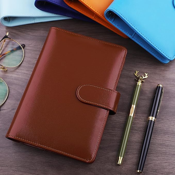 Antner A6 Binder 6 Ring Refillable Notebook Budget Planner for A6 Filler Paper, PU Leather Loose Leaf Personal Planner Wallet Money Organizer Cash Stuffing Binder with Magnetic Buckle Closure, Brown