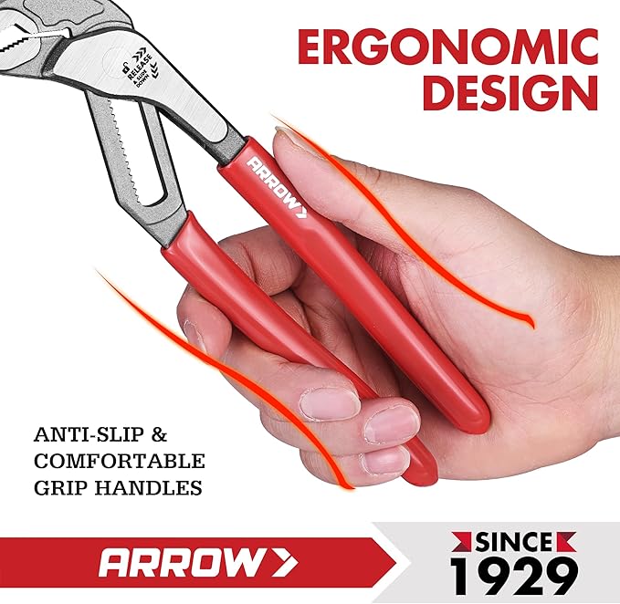 Arrow 8" V-Jaw Groove Joint Pliers, Quick Adjustable Water Pump Pliers with 18 Positions, CR-V Steel, for Plumbing, Automotive, Mechanical Repair and Household Use