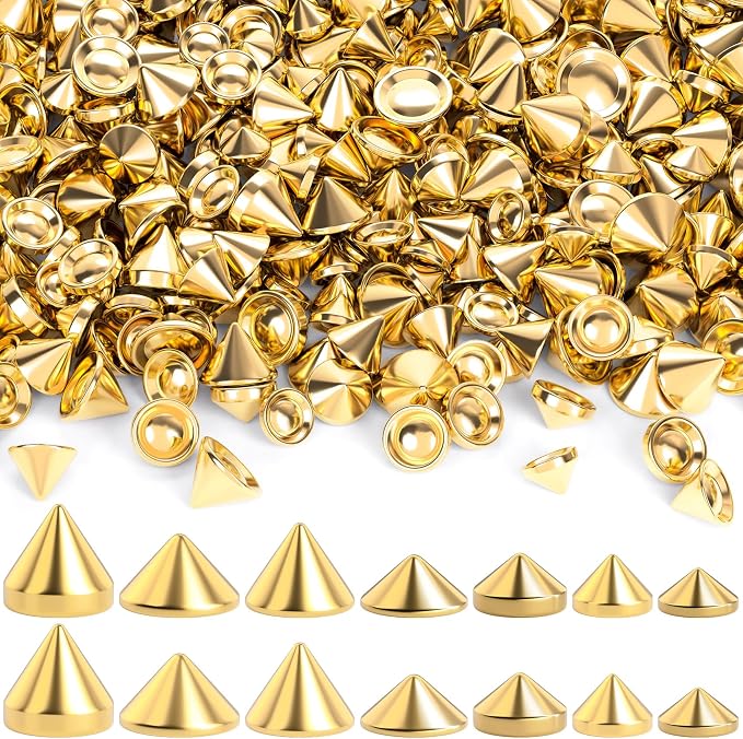 OIIKI 140PCS ABS Bullet Spike Cone Studs, 7 Styles Rivets Cone Spike Studs Beads, Flat Back Punk Spikes DIY Crafts Studs Glue on Decoration for Leather Clothes Belt Bags Jewelry Trims - Gold