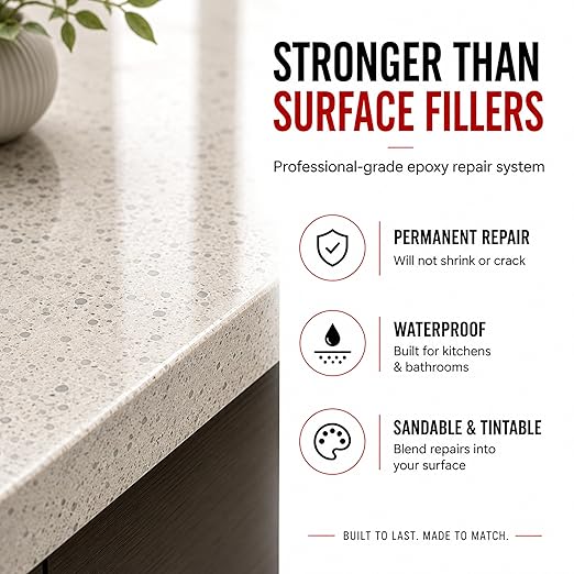 Instant Install 29 Complete - 4 oz Epoxy Permanent Repair Kit with EZ-Tint 10 g 5-Pack, Mixing Sticks, Razor, & Shaping Strip - Granite, Marble, & Tile - Rebonds & Rebuilds - Dry in 29 Minutes