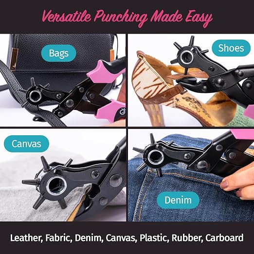 Pro-Master Belt Hole Puncher for Leather - Leather Punch Tool - 6 Multi-Size Rotary Heads 2-4.5mm - Double Leverage for Small Hands - Ideal for Watch Straps, Fabric, DIY Crafts - Crafting Kit - Pink