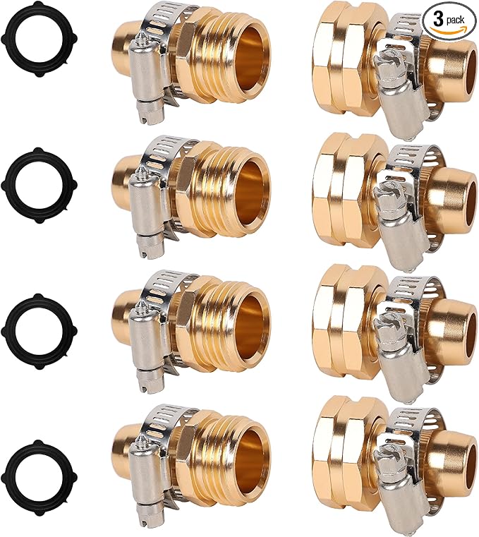 Triumpeek 4 Sets Garden Hose Repair Connector with Clamps, Aluminum Water Hose End Replacement Fit for 3/4" and 5/8" Garden Hose Fittings