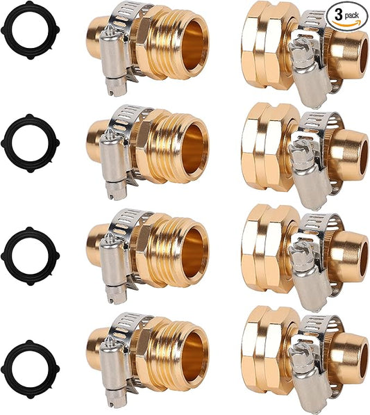 Triumpeek 4 Sets Garden Hose Repair Connector with Clamps, Aluminum Water Hose End Replacement Fit for 3/4" and 5/8" Garden Hose Fittings