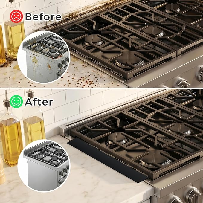 Silicone Stove Gap Covers with Stainless Steel, Oven Gap Filler Seals Gaps Between Stovetop and Counter, Stove Gap Guards Range Trim Kit, Easy to Clean Stove Gap Guard (Black 2 Pack,20.86")