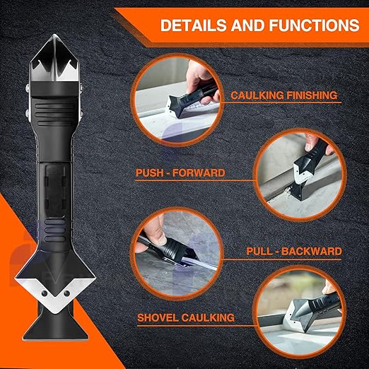 Caulking Tool 5 in 1 Silicone Caulk Remover Tool Kit, Grout Removal & Sealant Finishing Tool with Stainless Steel Scraper, 5 Silicone Pads for Bathroom Kitchen Sink Window Seam Repair