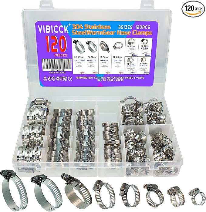 120PCS Hose Clamp Set - 1/4''–1-23/32'' 304 Stainless Steel Worm Gear Hose Clamps for Pipe, Intercooler, Plumbing, Tube and Fuel Line6-44mm (120 Pcs Kit)