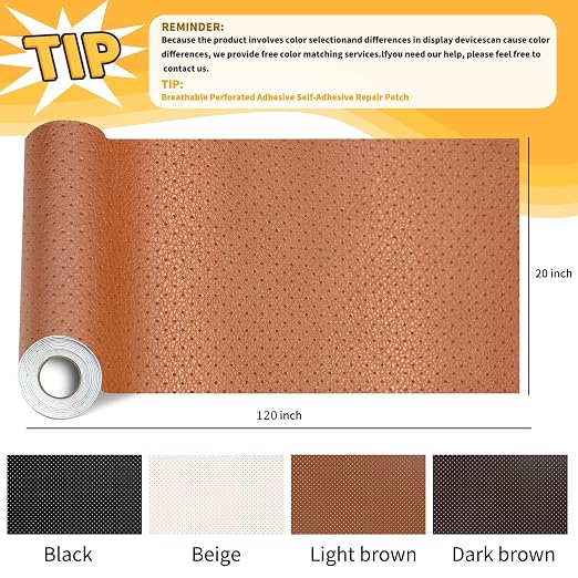 JuCheng Breathable Perforated Self-Adhesive Leather Repair Patch for Furniture, Couches, Car Seats, Office Chairs Faux Leather & Vinyl Repair Kit (Light Brown, 20x120inch)