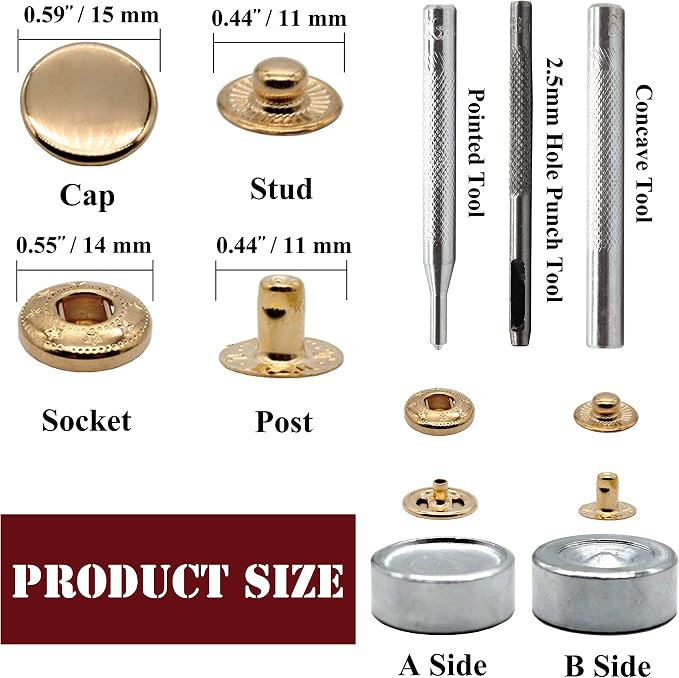 Raydodo 12 Set Leather Snap Fasteners Kit, 15mm Metal Snap Buttons Kit Press Studs with 4 Install Tools, Rivets and Snaps for Clothing, Jeans, Jackets, Bracelets, Bags (Gold)