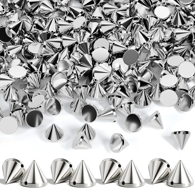 OIIKI 220 PCS 8mm Silver ABS Bullet Spike Cone Studs, Rivets Cone Spike Studs Beads, Flat Back Punk Spikes DIY Crafts Studs Glue on Decoration for Clothing Leather Clothes Belt Bag Shoes Jewelry Trims