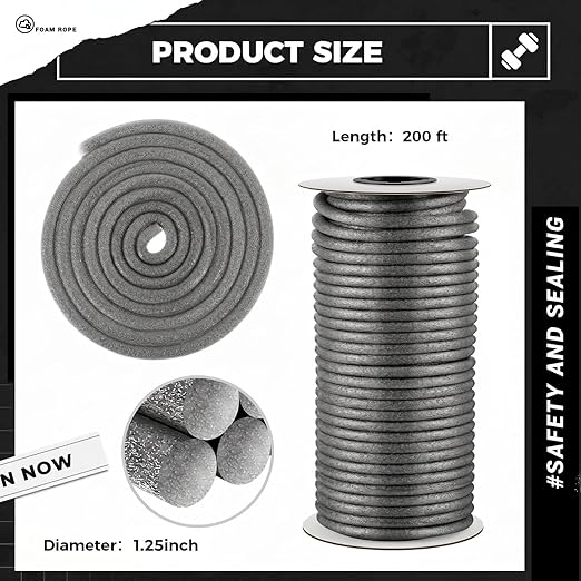 MotiMind 1.25 Inch x 200 ft Foam Backer Rod for Gaps Joints Concrete Crack Filler Caulk Saver Bulk Foam Backing Rod Concrete Filler Rope for Weather Stripping Door Seal(Gray)