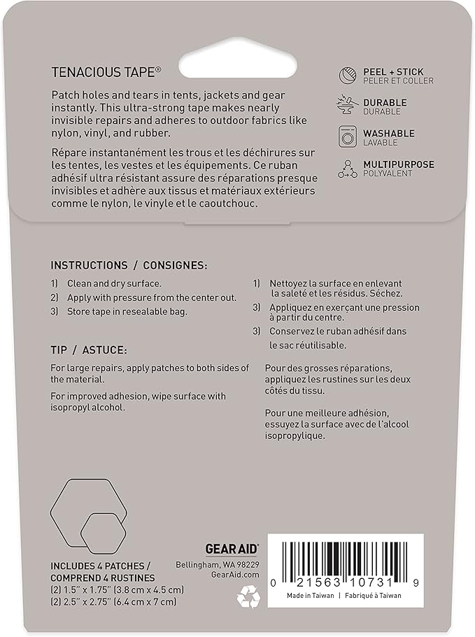 GEAR AID Tenacious Tape Hex – 2.5” & 1.5” Repair Patches (8 Patches: Four 2.5” & Four 1.5”, Clear) – Peel-and-Stick Outdoor Nylon Fabric to Fix Holes and Burns in Down Jackets, Rain Gear and Tents