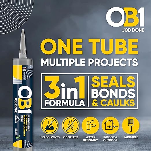OB1 Universal Caulk Sealant & Adhesive Gray 10.1oz | Professional Grade Premium All-in-One Advanced Hybrid 3-in1 | Water Resistant Internal & External | Shrink Crack UV & Fade Resistant | 1 Cartridge