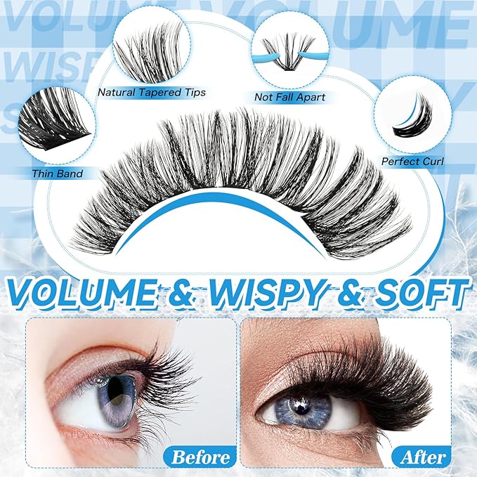 KEVKEV Lash Clusters Kit 231Pcs Volume Lash Clusters Thick Lash Extension Kit 100D+200D Individual Lashes With Lash Bond and Seal Tweezers For DIY Lashes (0.05D,10-18mm)