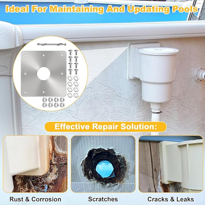 8x8-Inch Pool Water Return Repair Kit for Above Ground Pools Wall Repair Kit, Pool Skimmer Wall Repair Panel Kit with 2-3/8" Thru Hole, Drill Bit & Hardware for Rust at The Water Return Fitting