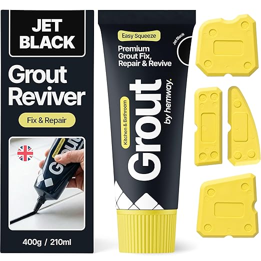 Hemway Jet Black Grout Reviver Kit | Ready Mixed Grout Repair 400g / 210ml with 4 Piece Profiling Tool Kit | Wall & Floor Tile Adhesive, Kitchen Bathroom Shower, Fast Drying