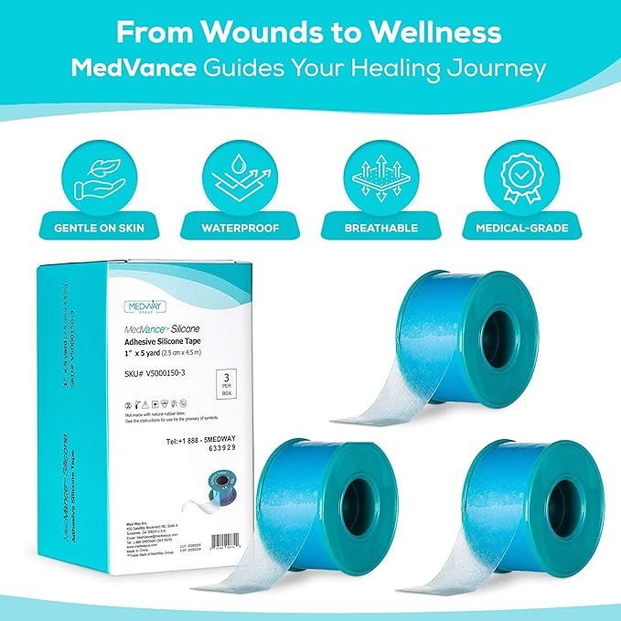 MedVance Silicone Tape Medical, Perforated Surgical Tape Sensitive Skin, Waterproof Tape for Skin, Medical Tape for Wound Care, Eyelash Tape, Gentle Skin Tape, 1" Width (3 Pack, 180 Inches)