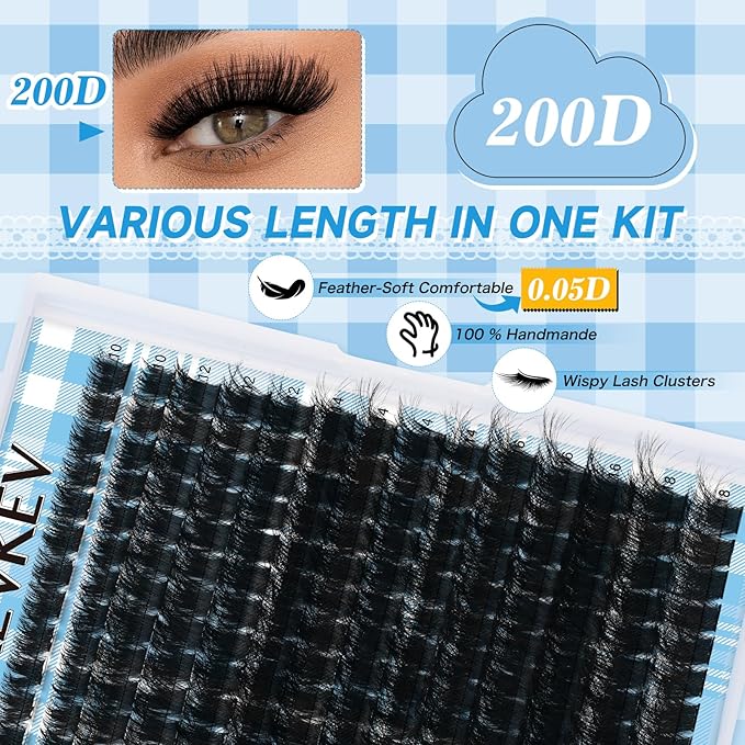KEVKEV Lash Extension Kit 182pcs Volume Lash Clusters 200D Lash Clusters Kit 10-18mm Individual Lashes Kit With Lash Bond And Seal,Lash Tweezers Thick Lash Extension Kit DIY At Home(0.05D,200DD)
