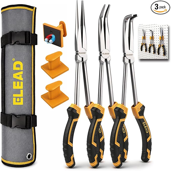 3-Piece 11 Inch Long Reach Pliers Set with 3 Magnetic Plier Racks, Extra Long Needle Nose Pliers Set Includes Straight, 45° & 90° Bent Nose Plier, Pliers Tool Set for Tight Spaces