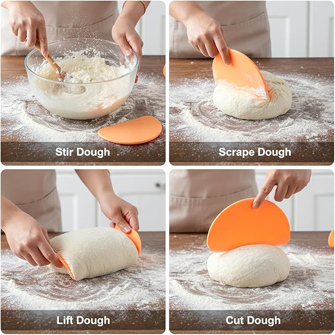 2 Pcs Silicone Dough Scraper Bowl Scraper Silicone Bread Dough Scraper Curved Edge Flexible Bowl Scrapers for Baking Food Scrapers for Sourdough Bread Proofing Basket Pastry Cutter Tool, Orange