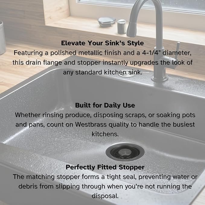Westbrass D2089-62 4-1/4" Kitchen Sink Waste Disposal Drain Flange and Stopper, Matte Black