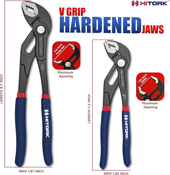 HITORK 2 Piece Groove Joint Pliers Set, 7" & 10" Quick Release Adjustable Water Pump Pliers, CR-V, Hardened Steel V Jaw Grip, Non-Slip Dual Dip Handles for Plumbing, Automotive & Industrial Repair