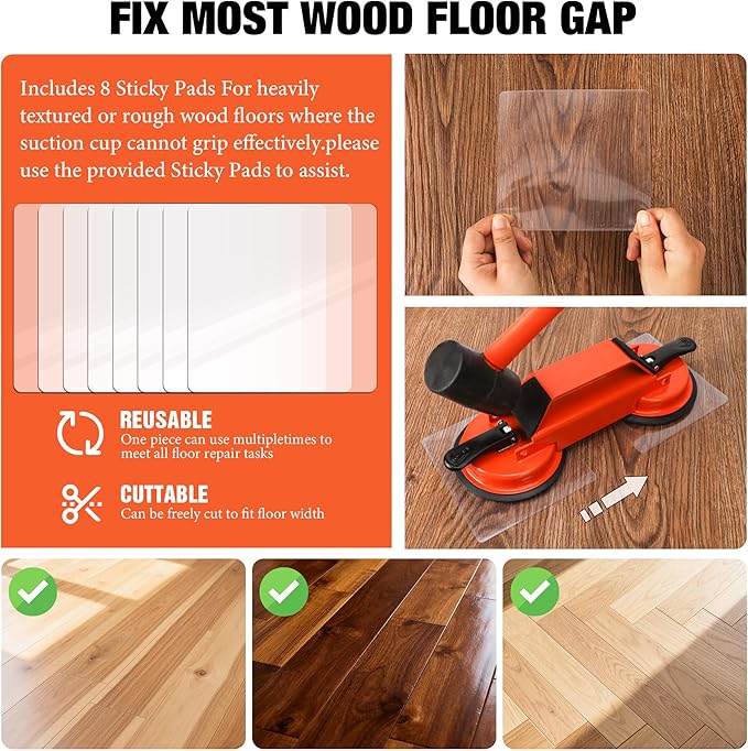 Floor Gap Fixer Tool – Heavy Duty 45° Striking Surface Floor Gap Repair Tool Enhanced Suction Cup with Slot Cutter, Hammer and 8pcs Sticky Pads for Fixer Laminate/Vinyl Flooring Tools