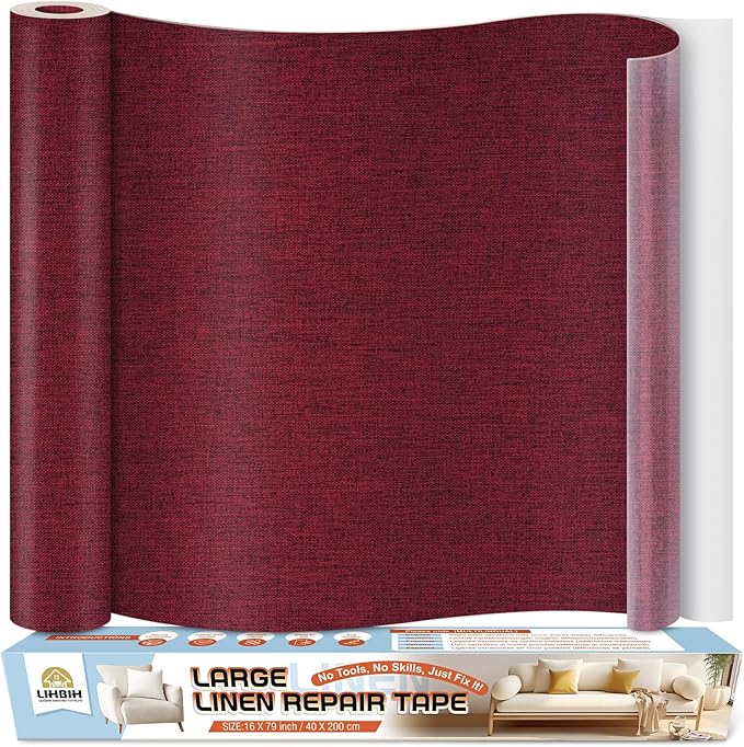 Linen Fabric Repair Tape 16x79 Inch, Self Adhesive Couch Patch Repair Fabric Tape for Furniture, Linen Patch Kit for Couch, Carpet, Upholstery, Chair, Sofa, Cushion, Bag (Burgundy)