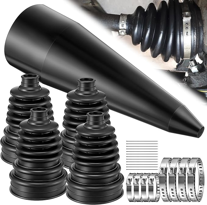 4 PCS Rubber CV Axle Boot Repair Kit with CV Boot Tool Cone Mounting, 8pcs Stainless Steel Clamps and 12pcs Cable ties for 2.32" 2.91" 3.35" Calibers, Waterproof Dustproof Protection for Protect Axle