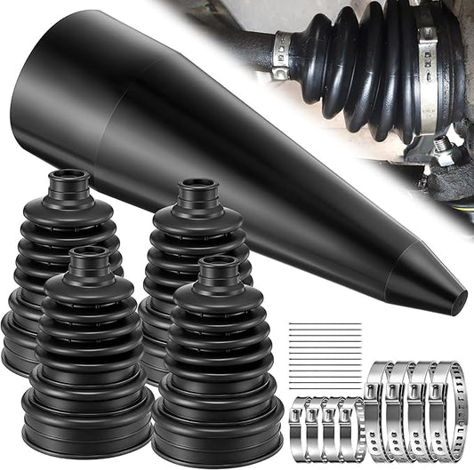 4 PCS Rubber CV Axle Boot Repair Kit with CV Boot Tool Cone Mounting, 8pcs Stainless Steel Clamps and 12pcs Cable ties for 2.32" 2.91" 3.35" Calibers, Waterproof Dustproof Protection for Protect Axle
