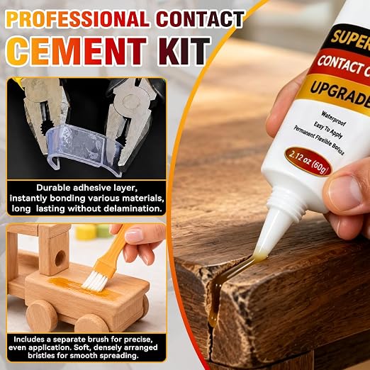 Contact Cement Adhesive, High Performance Neoprene Contact Adhesive with Brush, Waterproof Contact Cement Glue for Wood, Leather, Shoe, Furniture Repairs and Crafts, Flexible and Strong Bonding