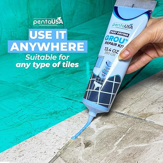 PentaUSA Tile Grout Repair Kit - Blue Premixed Acrylic Sanded Grout, Water-Resistant Grout Filler for Bathroom&Shower, Kitchen Floor, Fast Drying, with Applicator, 13.4 oz (380g)
