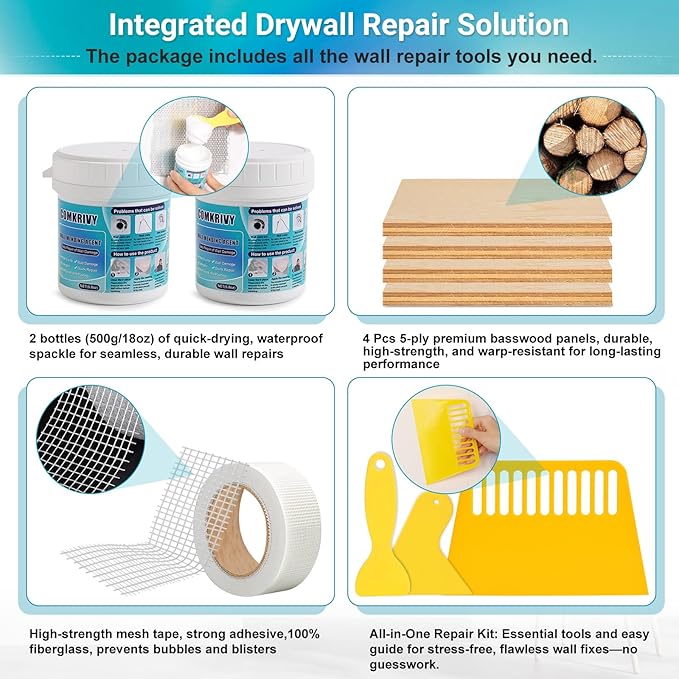 37 Pcs Drywall Repair Kit with 12"x12" Dry Wall Panel, Dry wall Patch Kit Sheetrock Repair Kit with Spackle, Mesh Tape, Putty Knives & Sanding Block for Sheet Rock Wall Surface Ceiling Large Hole Fill