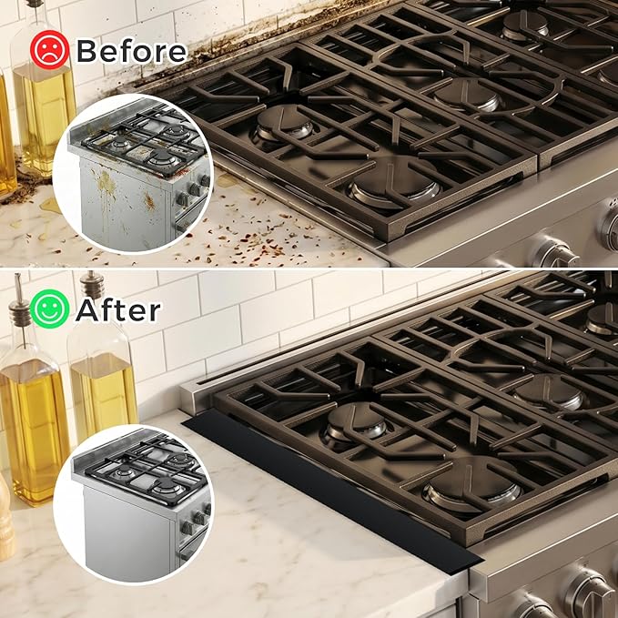 Silicone Stove Gap Covers with Stainless Steel, Oven Gap Filler Seals Gaps Between Stovetop and Counter, Stove Gap Guards Range Trim Kit, Easy to Clean Stove Gap Guard (Black 2 Pack,25")