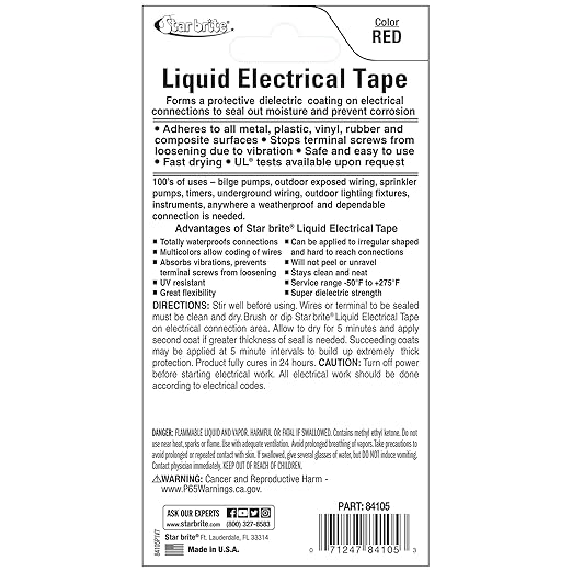 STAR BRITE Liquid Electrical Tape - Superior Adhesion and Flexible Protection for Frayed Cables, Terminals, and Electric Splices