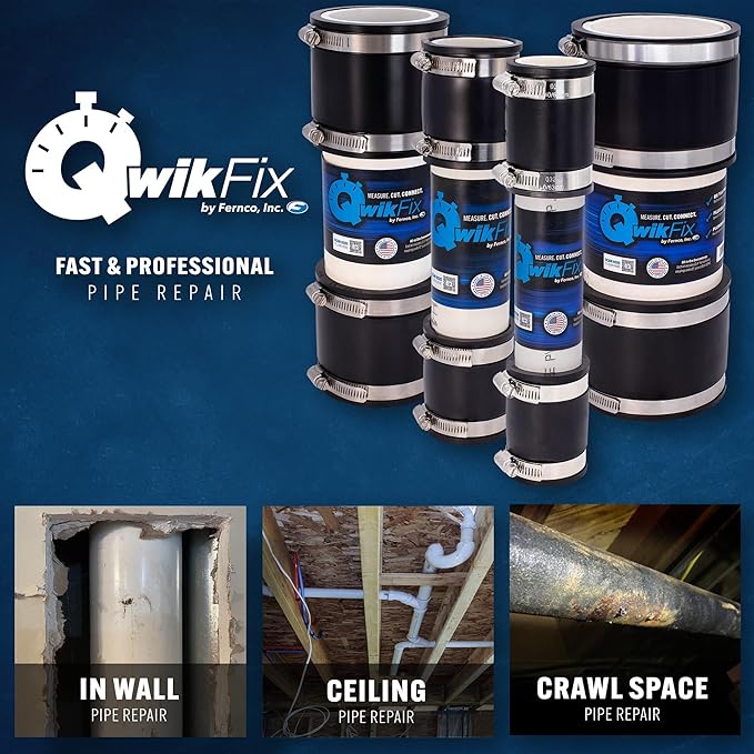 Fernco QwikFix Broken Pipe 3" Coupling Repair Kit for Plastic, Cast Iron and Steel Pipes in Black