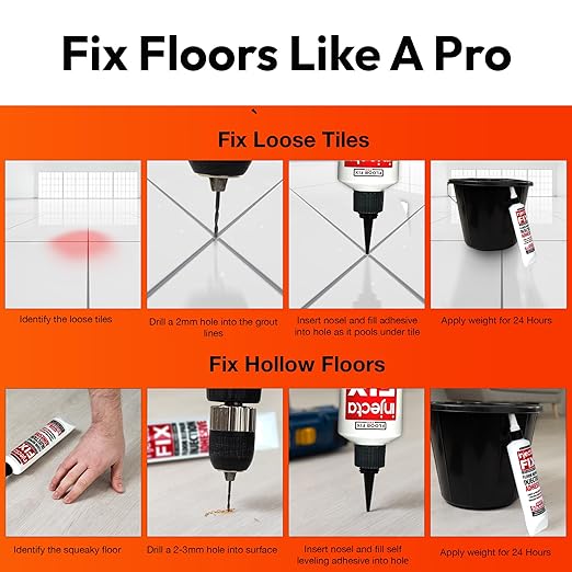 Floor-Fix Pro Eeasy Squeeze 10.1 Fl Oz - Extra Strength - Fix Loose & Hollow Tiles, Squeaky Wood & Laminate - Includes Built in 5/64” Syringe Tip - Adjustable to 5/64. No Sealant Gun Required (4)