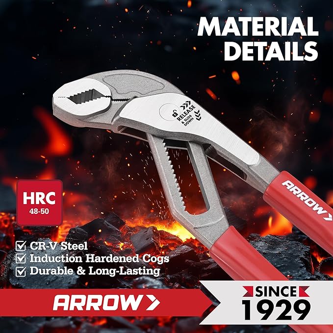 Arrow 3-Piece V-Jaw Groove Joint Pliers Set (8", 10", 12"), Quick Adjustable Water Pump Pliers with 18 Positions, CR-V Steel, for Plumbing, Automotive, Mechanical Repair and Household Use