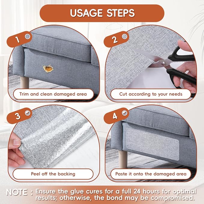 Linen Fabric Repair Tape 8x12 Inch, Self Adhesive Couch Patch Repair Fabric Tape for Furniture, Linen Patch Kit for Couch, Carpet, Upholstery, Chair, Sofa, Cushion, Bag (Light Grey)