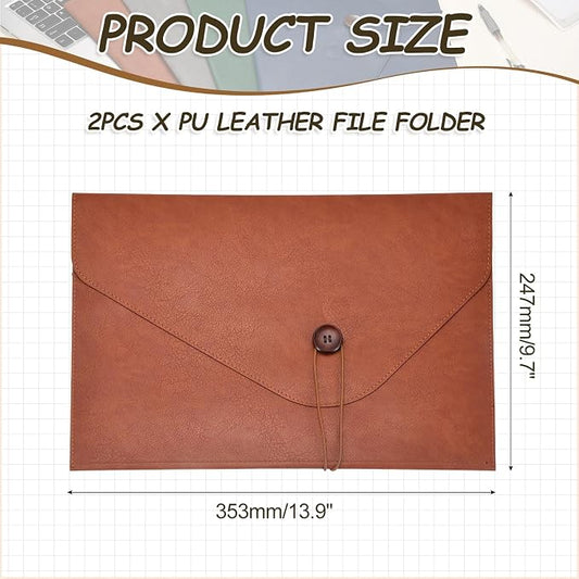 PATIKIL 2Pcs Leather Folder, 14x10 Leather Document Holder File Folder PU Pouch Bag Portfolio File Organizer Button Personal Envelope Waterproof for Traveling Office Men Gift, Brown