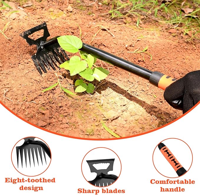 BokingOne Portable Weed Removal Tool - 8-Prong Manganese Steel with Black Baked Rust-Proof Coating for Garden Lawn Farm, Non-Slip Rubber Handle