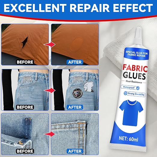 Fabric Glue, 60 ML Fabric Glue for Clothing Permanent Washable, Fabric Adhesive for Rhinestones, Patches, Clothes, Denim, Leather, Polyester, Fabrics, Doll Repair, Flannel, Cotton