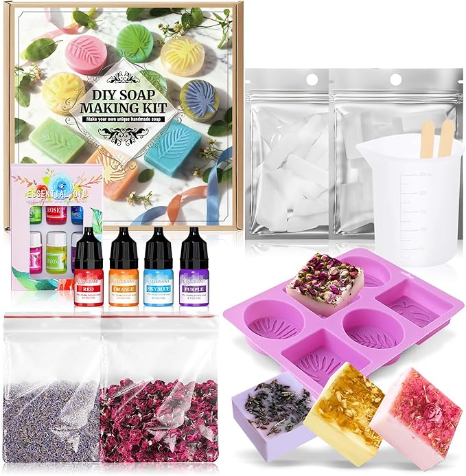 Soap Making Kit for Adults, DIY Soap Making Kit, Melt and Pour Soap Making Supplies, Contains Mould Soapbase Essential Oils Fragrances and Dried Flowers for Beginners and Mother's Day