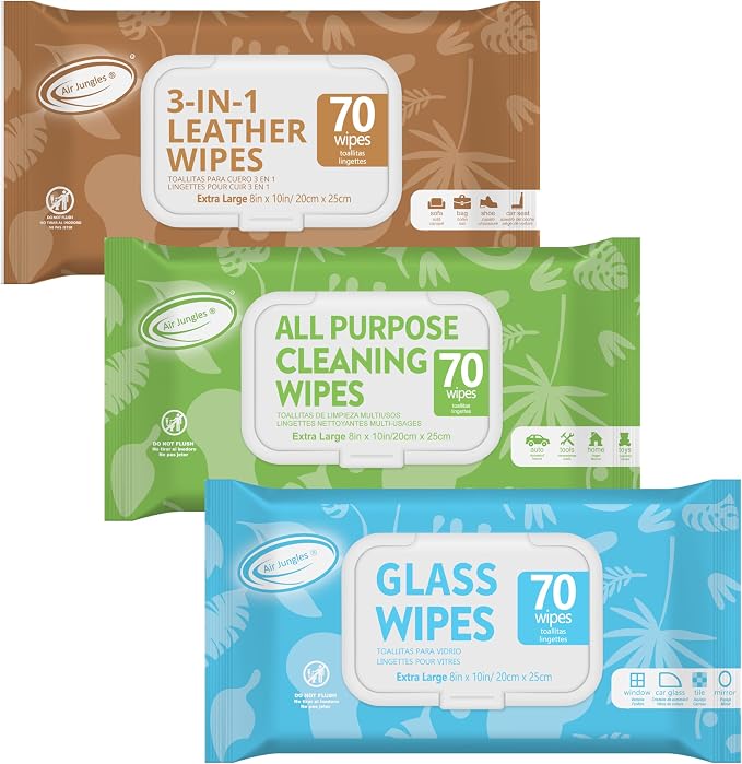 Air Jungles Car Interior Cleaning Wipes Set 210 Count, XL 8" x 10" | Multi-Purpose Wipes For Car Leather Seat, Windshield Window Mirror Cleaning, Steering Wheel & Vinyl Cleaning