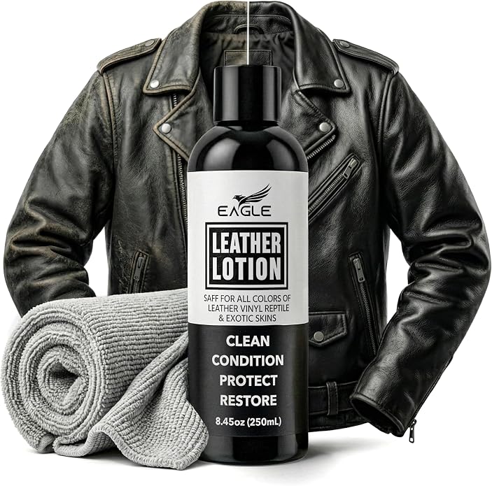 Eagle Leather Jacket Conditioner- Leather Lotion with Cloth for Boots, Jackets, Purses, Handbags & Bags – Lanolin & Natural Oils to Clean, Condition, Restore & Protect All Leather Colors