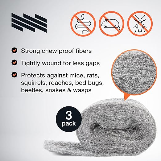 MaPorch 3-Roll Steel Wool Mice Control Kit - Unchewable Gap Filler for Doors, Pipes, Weep Holes and Baseboards - 2.5 in x 7.5 ft - Grade 4 Thick Excluder Mesh for Rodents with Gloves and Scissors
